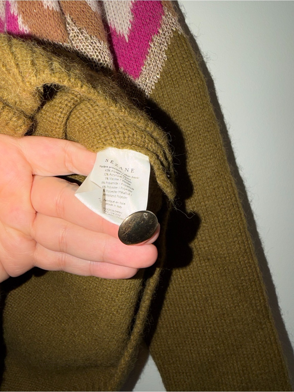 Sézane Hamel Khaki Knit Cardigan alpaca jacquard knit cardigan 0 green pink - Picture 7 of 10
